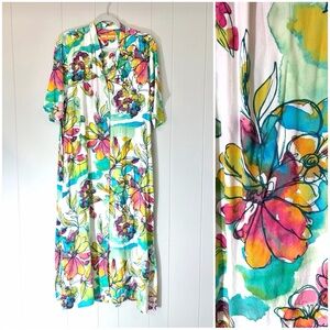 Jams World Honolulu Maxi Shirt Dress Tropical Floral Buttons Beach Resort Medium
